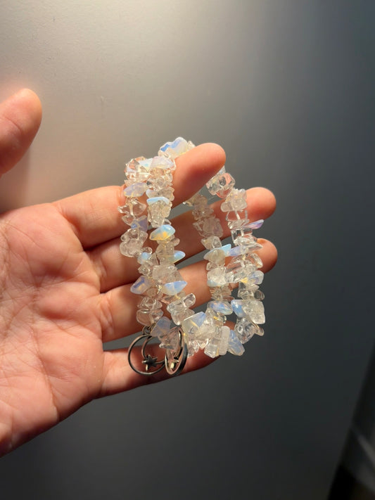 Opalite and clear quartz chip bracelet with moon charm